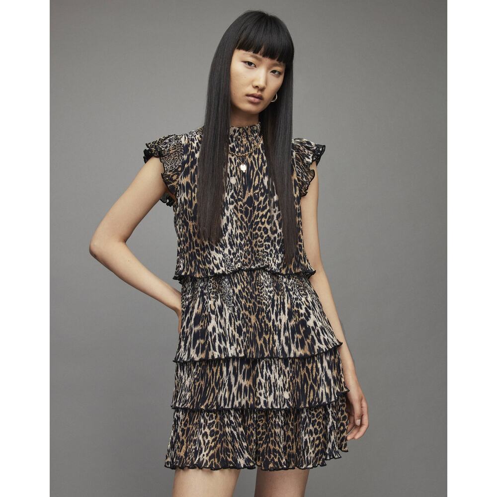 All Saints Antheia Kiku Animal Print Tiered Mini‎ Dress Size 4 NWT